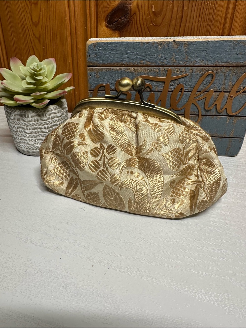 Talbots Gold Brocade Kiss-Lock Clutch Wallet